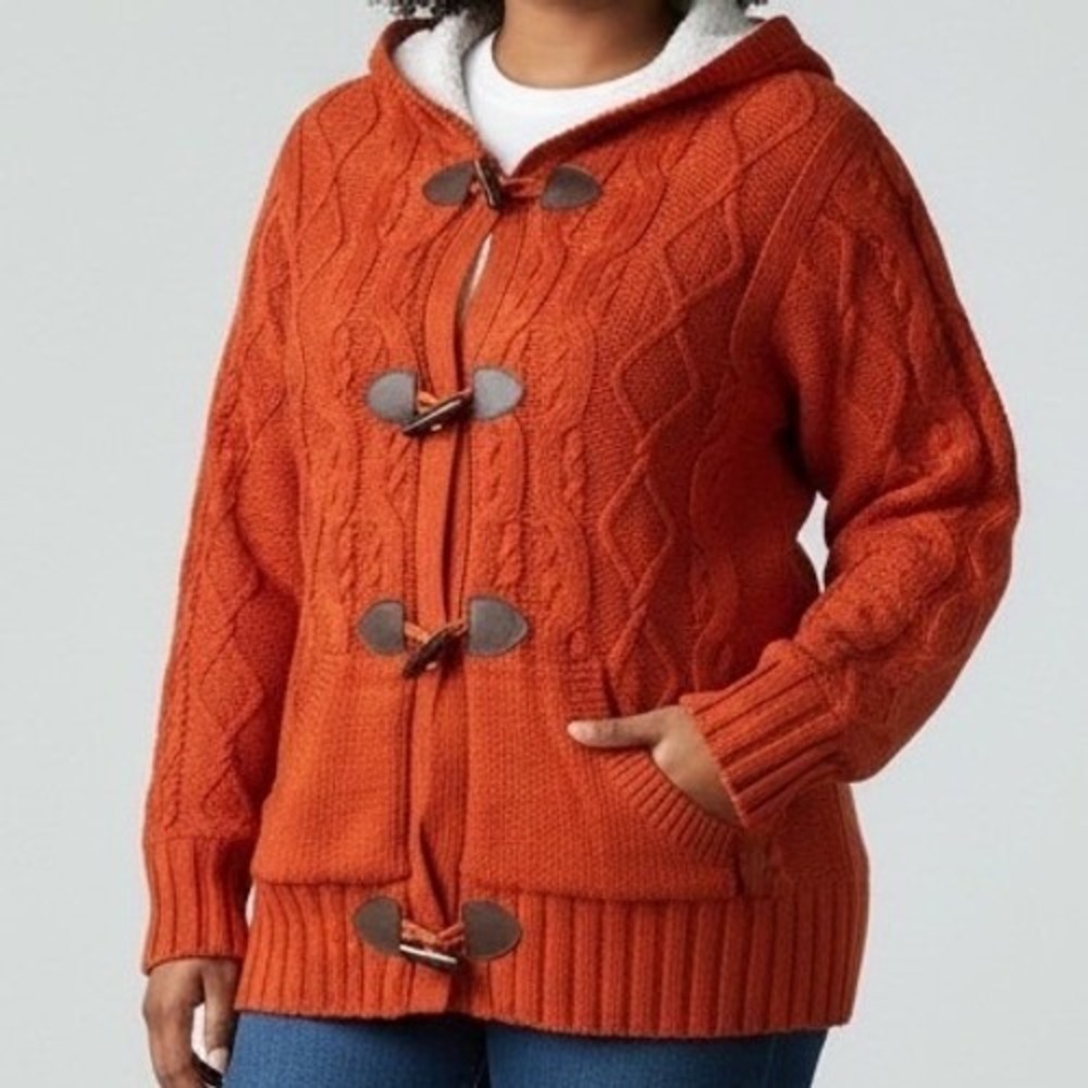 Dokotoo Burnt Orange Cable Knit Toggle Cardigan‎ Hooded Sherpa Lined Sweater XL